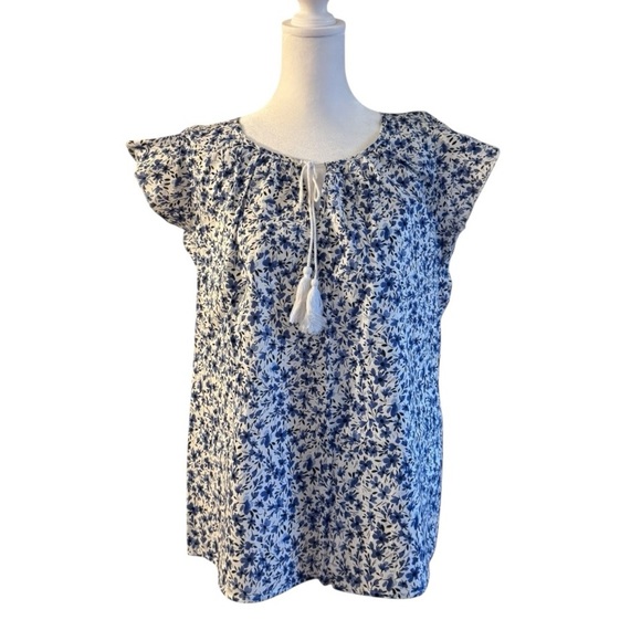 Land N Sea Blue White Floral Tassel Blouse Cotton Boho Peasant Top Small - Picture 6 of 6